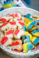 Heart-shaped cookies in the colors of the flags of Poland and Ukraine.