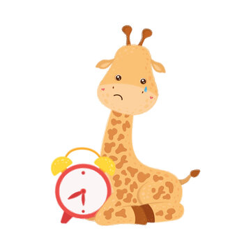 Cute Clipart Giraffe Illustration in Cartoon Style. Cartoon Clip Art Sad Giraffe with an Alarm Clock. Vector Illustration of an School Animal for Stickers, Baby Shower Invitation, Prints for Clothes