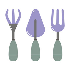 Garden tools vector illustration, A set of three devices for tillage isolated on a white background.