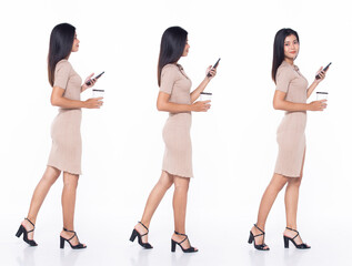 Obraz premium Full length 20s Asian Woman teacher business finance manager, walking forward left right