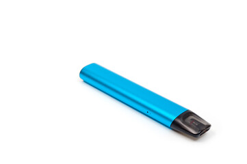 A reusable electronic cigarette with a replaceable cartridge in a blue body, photographed against a white background.