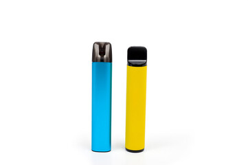 Two electronic cigarettes disposable and refillable with a replaceable cartridge in a blue and yellow body, photographed against a white background