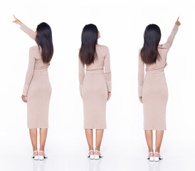 Obraz premium Full length 20s Asian Woman teacher business finance manager, pointing finger up in Air