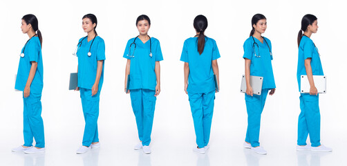 Full length 30s Asian Woman scientist surgeon Doctor, 360 front side back rear