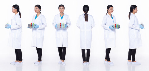 Full length 30s Asian Woman scientist science Doctor, 360 front side back rear