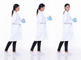 Full length 30s Asian Woman scientist science Doctor, walking forward left right
