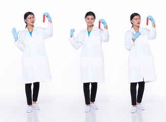 Full length 30s Asian Woman scientist science Doctor, working hard thinking,