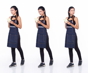 Obraz premium Full length 30s Asian Woman barista waitress menu, walking forward left right