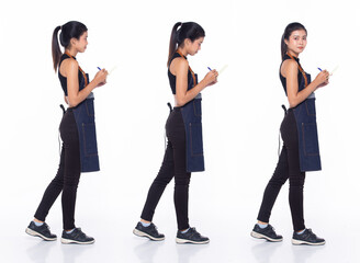 Fototapeta premium Full length 30s Asian Woman barista waitress menu, walking forward left right