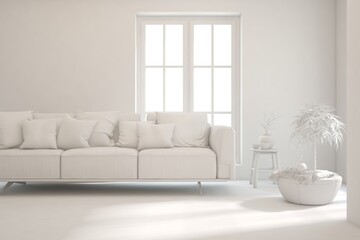 White minimalist living room with sofa. Scandinavian interior design. 3D illustration