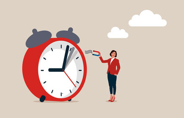 Smart businesswoman using magnet to stop clock hand metaphor of time manipulation. Time management, control business time or work deadline.