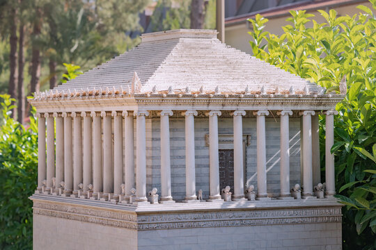30 May 2022, Antalya, Turkey: The model of the ancient wonder of the world - the Mausoleum of Halicarnassus in the Miniature Dokuma Park