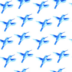 Seamless pattern with blue watercolor birds isolated on white background.