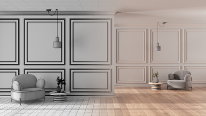 Architect interior designer concept: hand-drawn draft unfinished project that becomes real, living room, Symmetry concept, mirroring perspective, opposite shapes. Interior design