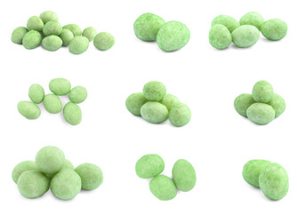 Set with spicy wasabi coated peanuts on white background