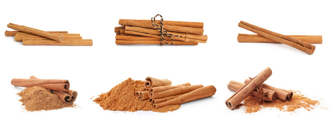 Set with aromatic cinnamon sticks and powder on white background. Banner design