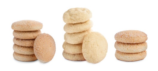 Set with tasty sugar cookies on white background. Banner design