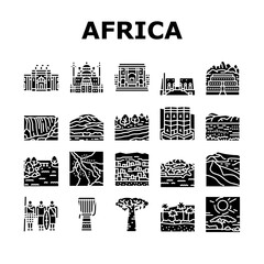 Africa Continent Nation Treasure Icons Set Vector. Drum Africa Traditional Musician Instrument And Serengeti National Park, Suleiman Pasha Mosque Bandiagara Town Glyph Pictograms Black Illustrations - obrazy, fototapety, plakaty