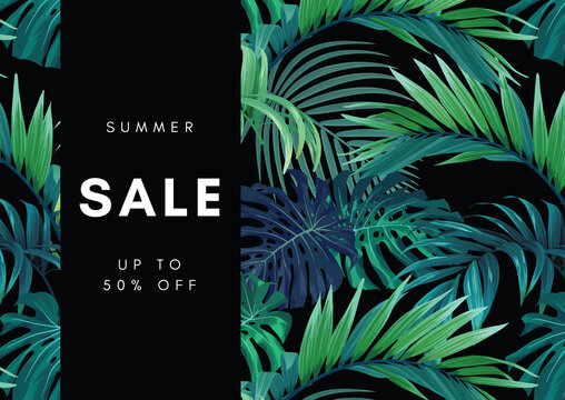 Dark hawaiian floral design with monstera palm leaves. Exotic tropical summer vector background.
