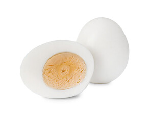 Fresh peeled hard boiled eggs on white background