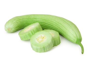 Sliced and halved Armenian cucumber or snake melon with fruit pulp, isolated with clipping path on a white background. Group of fresh and delicious crop for a healthy diet