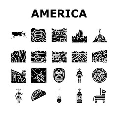 South America Scape And Tradition Icons Set Vector. South America Antique Mask And Guitar, Tequila Alcoholic Drink Taco Food, Machu Picchu Iguazu Falls Desert Lake Glyph Pictograms Black Illustrations - obrazy, fototapety, plakaty