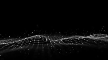Futuristic moving wave. Digital dark background with moving particles. Big data visualization. 3d rendering