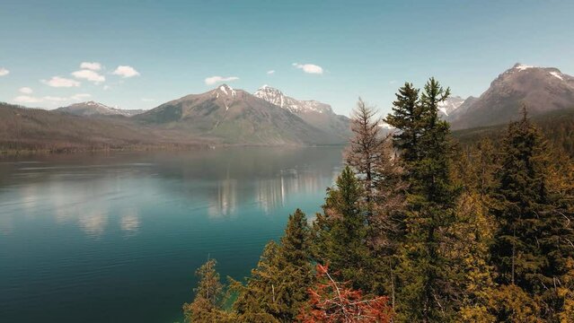 parrallax of Lake McDonald that is the largest lake in Glacier National Park 4k 60fps cinematic