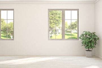 White empty room with summer landscape in window. Scandinavian interior design. 3D illustration