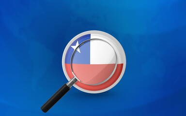 Chilean Flag Badge Behind Magnifying Glass Against World Map Background