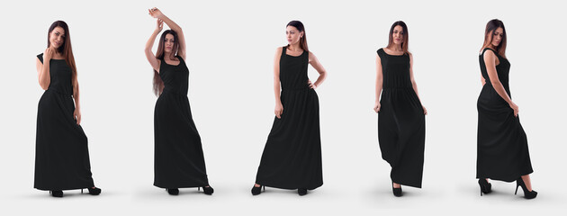 Sundress set. Mockup of a black long dress with an elastic band, sleeveless, on a beautiful girl in heels, isolated on background, front, side. - Powered by Adobe