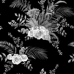 Seamless watercolor black and white monochrome pattern with herbarium of tropical palm leaves and roses