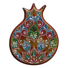 Rosh Hashanah Concept (Jewish New Year). Traditional symbol - cutout handmade pomegranate on a white background, made from wood, painted with acrylic colors