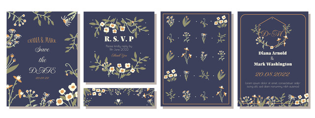 Set of cute floral card templates. Simple botanical drawing for wedding, bridal shower, save the date, holiday postcard and invitation. Hand drawn vector illustration