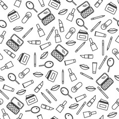 Cosmetics and makeup vector seamless pattern in line art style. Vector illustration for women store cosmetic or fashion background.