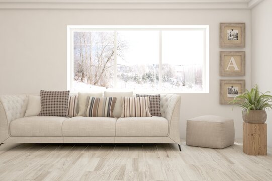 White living room with sofa and winter landscape in window. Scandinavian interior design. 3D illustration