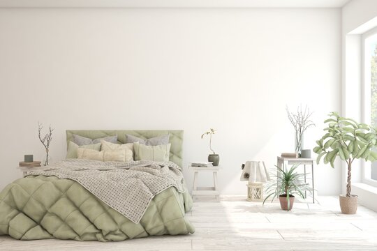 Fototapeta Soft color bedroom interior. Scandinavian design. 3D illustration