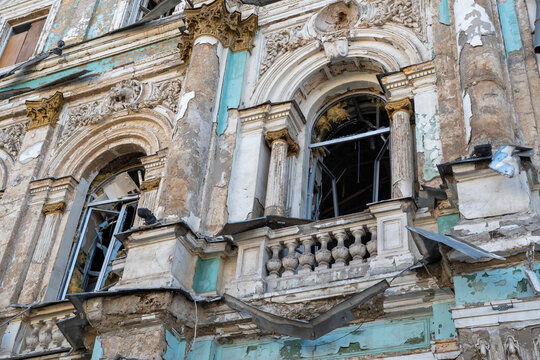 Destroyed building in historical downtown as a consequences of Russian airstrikes on the city of Kharkiv. War of Russia against Ukraine.