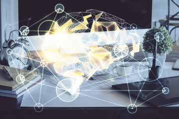 Double exposure of desktop computer and human brain drawing hologram. Ai concept.