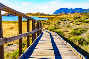 Fototapeta premium Beach with wooden path to sea water.