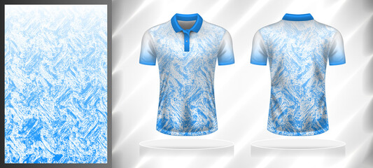 Vector sport pattern design template for Polo T-shirt front and back with short sleeve view mockup. Sky blue-white color gradient abstract grunge texture background illustration.