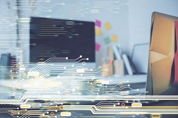 Multi exposure of desktop computer and technology theme hologram. Concept of software development.