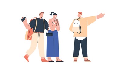 Couple of tourists going sightseeing, asking local person for help. Man and woman with personal individual guide on summer holiday, travel . Flat vector illustration isolated on white background