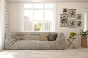 Fototapeta premium White living room with sofa. Scandinavian interior design. 3D illustration
