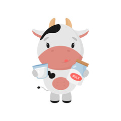 Сute Сow with a bottle and a glass of milk. Cartoon style. Vector illustration. For card, posters, banners, books, printing on the pack, printing on clothes, textile or dishes.