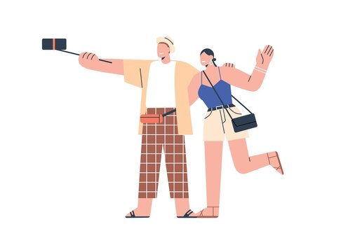 Tourists couple take selfie photo, hold monopod with mobile phone. Happy man and woman making photograph, recording video during summer travel. Flat vector illustration isolated on white background