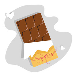 Chocolate bar with ribbon and hearts on white.