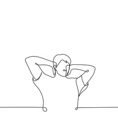 man stands with hands covering ears - one line drawing vector. concept of not wanting to listen, keep your ears away from loud sound, not wanting to hear truth or listen to someone annoying