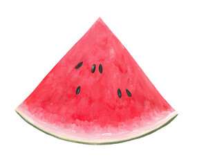 triangular watermelon piece with black seeds - one line drawing vector. piece of watermelon with bright pink flesh and seeds hand drawn with gouache paints