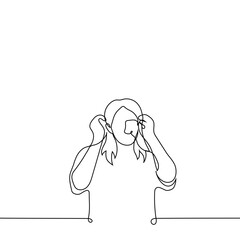 person with long hair removes interfering strands behind ears - one line drawing vector. concept man or woman with flowing hair touches her hair - obrazy, fototapety, plakaty